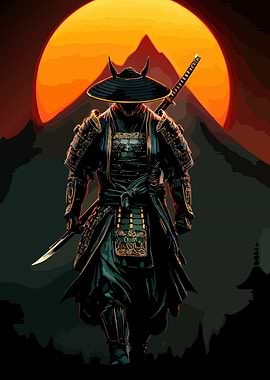 Samurai Warrior with Rising Sun Backdrop