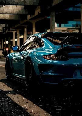 Teal Sports Car on City Street