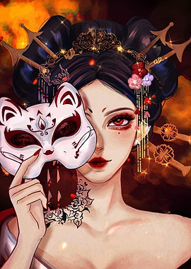 Geisha with Kitsune Mask Digital Art