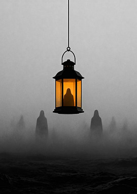 Lantern in Fog with Cloaked Figures