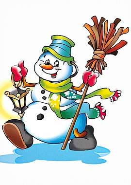 Cartoon Snowman with Broom and Lantern
