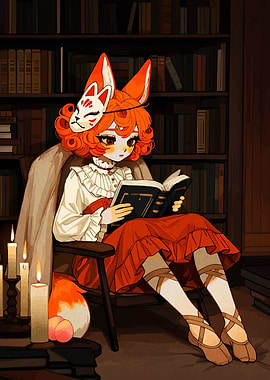 Fox Girl Reading in Library