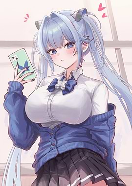 Anime Girl with Phone and Blue Hair