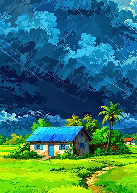 Rural House with Blue Roof