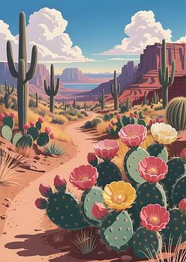 Blooming Desert Trail Stunning Cacti and Wildflowers in Full Bloom