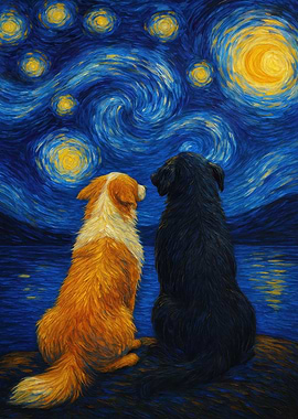 Dogs under Starry Night Sky