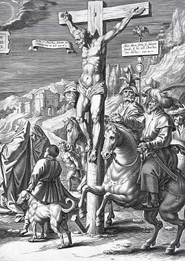 Crucifixion Engraving: Jesus, Soldiers, Mourners