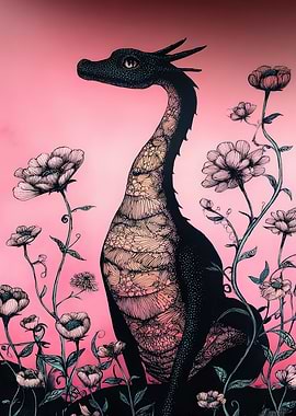 Dragon among flowers on pink background