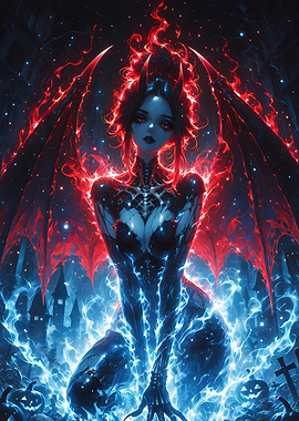 Fiery Demon Woman in Halloween Scene