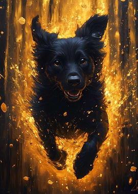 Energetic Black Dog Portrait with Gold