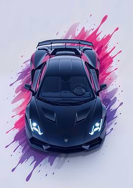 Sleek Black Sports Car with Paint Splashes