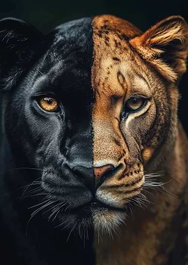 Panther and Lion Split Face Portrait