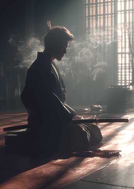 Meditative Samurai in Misty Room