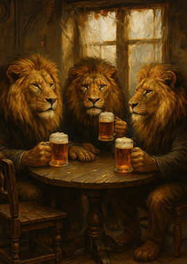 Lions Drinking Beer at a Table