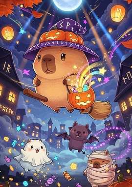 Halloween Capybara Witch Flying on Broom
