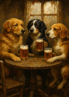 Dogs Drinking Beer at a Pub