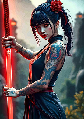 Tattooed Warrior with Red Katana