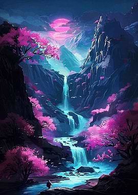 Fantasy Waterfall Landscape with Cherry Blossoms