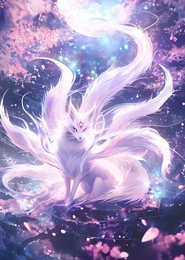 Nine-Tailed Fox in Cherry Blossom Scene