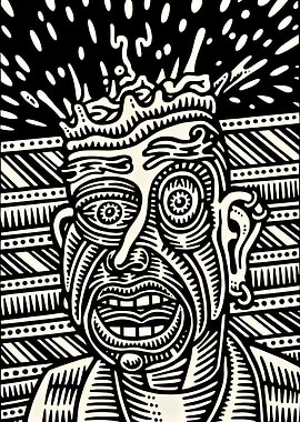 Monochrome Portrait with Crown and Patterned Background