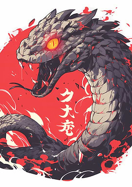 Stylized Snake with Japanese Text
