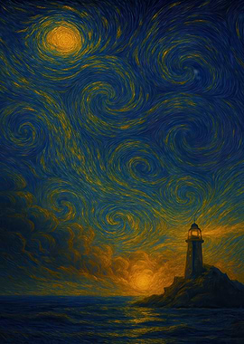 Lighthouse under a swirling night sky