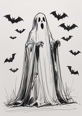 Spooky Ghost and Bats Illustration