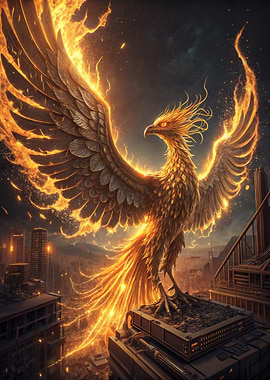 Fiery Phoenix Rising Over Cityscape