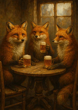 Foxes Drinking Beer at a Table