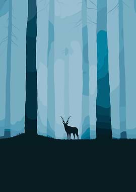 Deer in Blue Forest Illustration