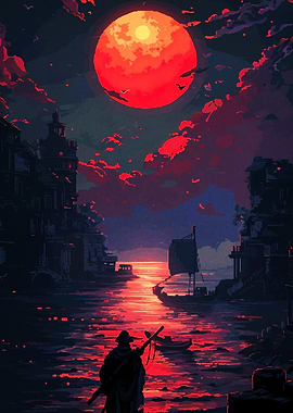 Blood Moon over Dark Fantasy City