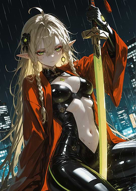 Elf Warrior in Rainy Cityscape