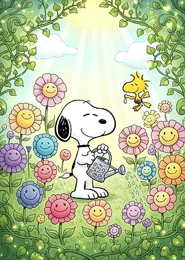 Snoopy and Woodstock in Flower Garden