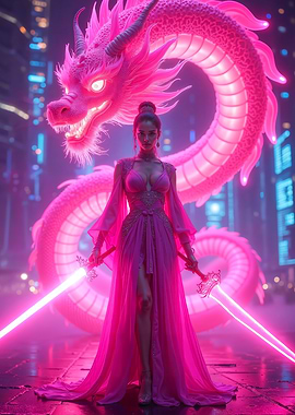 Cyberpunk Pink Dragon and Warrior Woman
