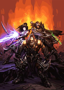 Fantasy Warriors in Fiery Landscape