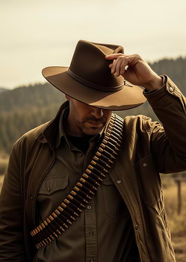 Man in Cowboy Hat with Ammunition Belt