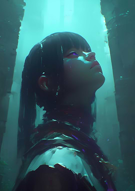 Girl looking up in teal light