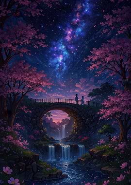 Romantic bridge with waterfall and starry sky