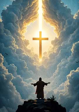 Figure Before Cross Cloudy Sky