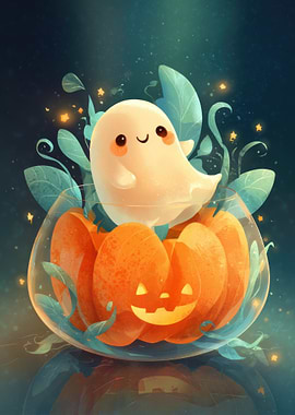 Cute Ghost and Pumpkin Halloween Illustration