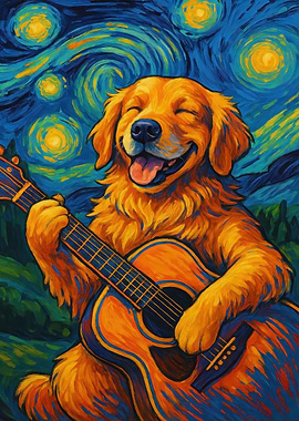 Golden Retriever Guitarist Starry Night Painting