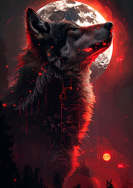 Wolf howling at the moon, red glow
