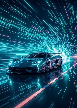 Cyberpunk Sports Car Speeding Through Light Tunnel