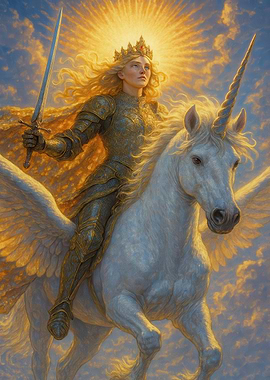 Queen riding a winged unicorn