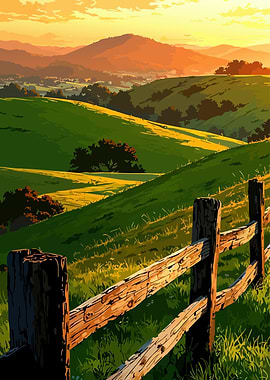 Rolling Hills Landscape with Wooden Fence