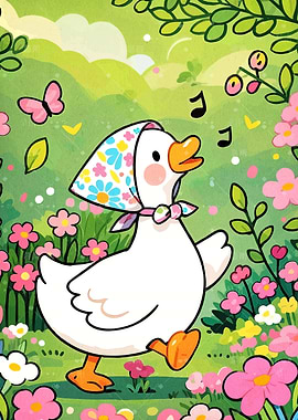 Cartoon Duck in Floral Meadow