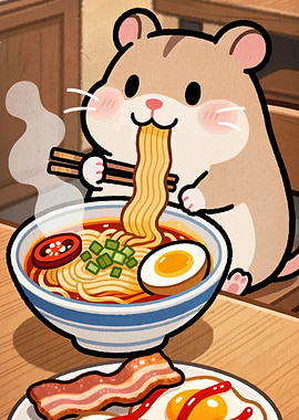 Cute Hamster Eating Ramen and Breakfast