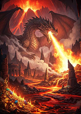 Dragon fiery breath over landscape