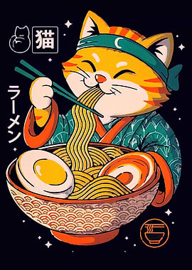 Cat Eating Ramen Illustration