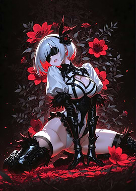 Anime Girl in Red Floral Setting